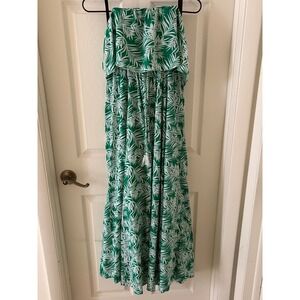 Japna Green Palm Leaf Tropical Strapless Maxi Dress Boho 100% Rayon Sz M EUC